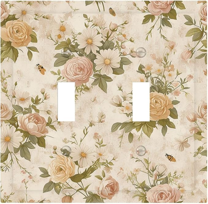 Decorative Switch Plates Boho Vintage Roses Pink Red Yellow Bouquet Floral 2 Gang Double Toggle Outlet Light Switch Cover Wall Plate Electrical Faceplate for Bedroom living Room Decor