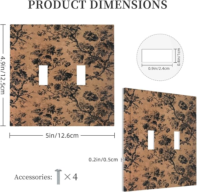 Decorative Light Switch Cover Plate Vintage Floral Botanical Brown Background 2 Gang Switch Plate Covers Double Toggle Wall Plate Dual Device Faceplate for Bathroom Bedroom Decor