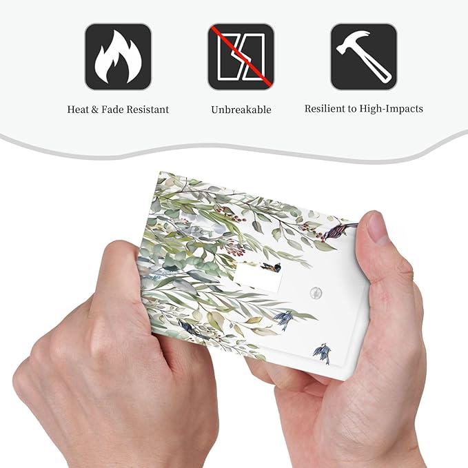 Green Leaf Eucalyptus Leaves Floral Bird Butterfly Decorative Light Switch Cover 1 Gang Single Toggle Device Electrical Faceplate Switchplates Decorator Outlet Wall Plate for Bed Room Living Room