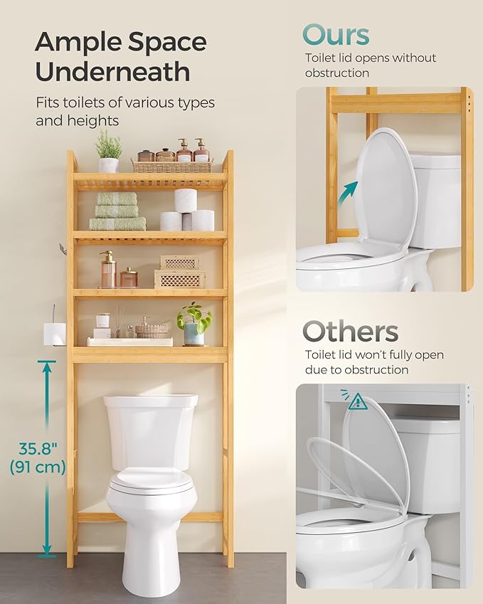 SONGMICS Over The Toilet Storage, 4-Tier Over Toilet Bathroom Organizer with Adjustable Shelves, 10.2 x 24.8 x 72.8 Inches, Space-Saving, Natural Beige UBTS041N01