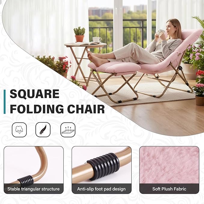 Tiita Folded Chair with Straight Ottoman, Soft Faux Fur Oversized Folding Accent Chair,Lounge Lazy Chair, Metal Frame Moon Chair for Bedroom, Living Room, Dorm Rooms, Garden and Courtyard, Pink