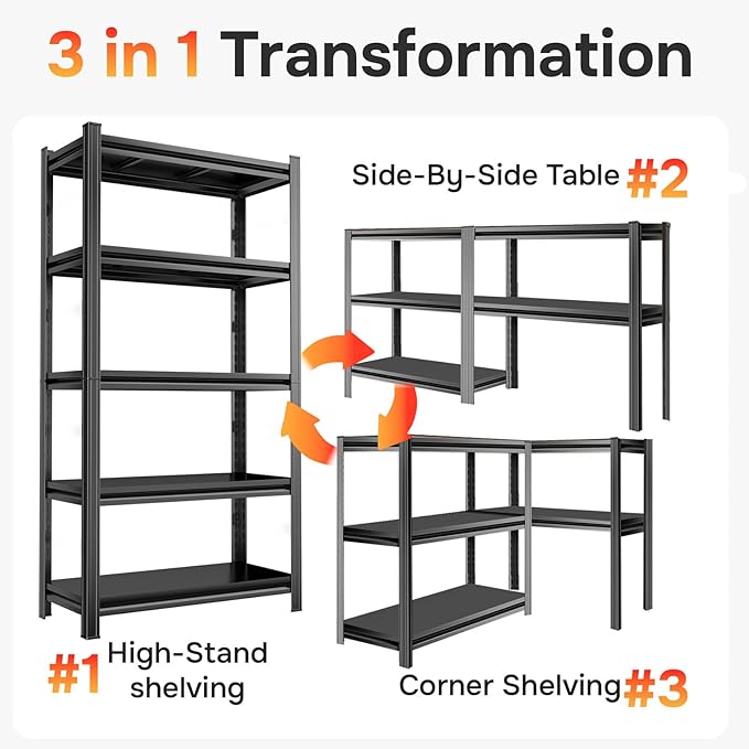 Metal Storage Shelves, 5-Tier 72" H x 45.3" W x 15.7" D Garage Shelving Unit, Heavy Duty & Adjustable, Easy Assemble Metal Rack for Pantry, Kitchen, Basement, Warehouse
