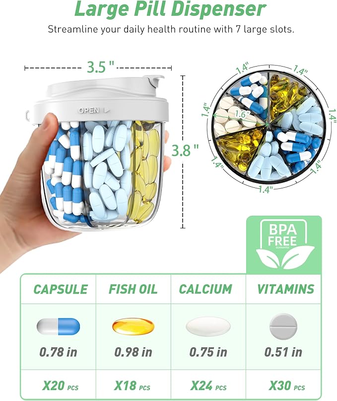 Pill Organizer,Pill Dispenser with 7 Large Compartments,Portable Pill Box for Travel, Anti-Mix Design & Wide Opening Design, Easy Access to Vitamin Dispenser, Includes 20 Blank Stickers（Grey）