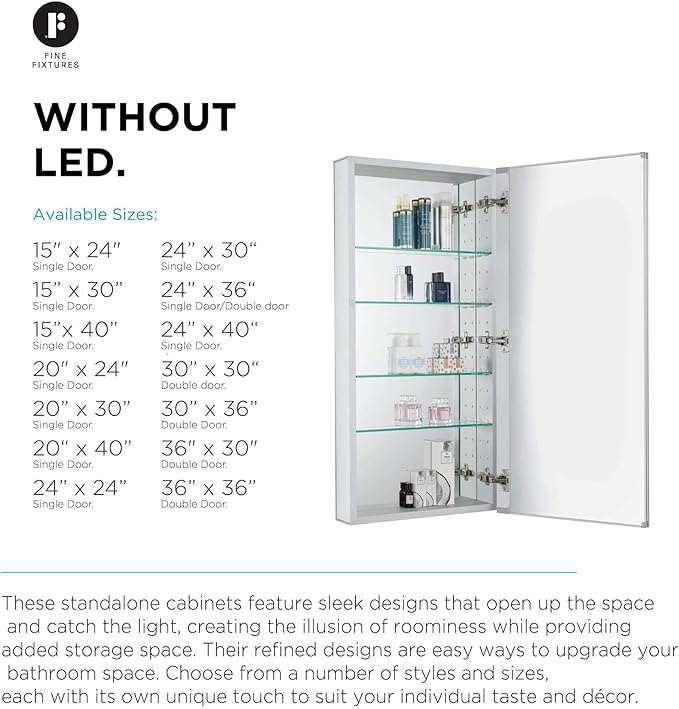 Fine Fixtures Bathroom Medicine Cabinet, Aluminum, Recessed/Surface Mount, 15" x 40", Right/Left Hinged, Mirrored Interior
