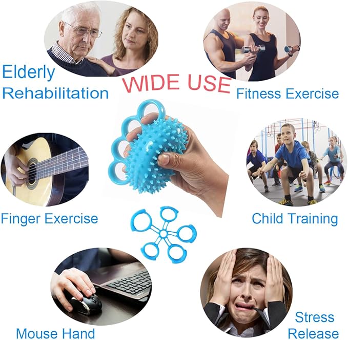 Hand Exerciser Ball and Finger Stretcher, Hand Grip Strengthener Trainer, Squeeze Balls, Wrist Pain Relief (Blue)