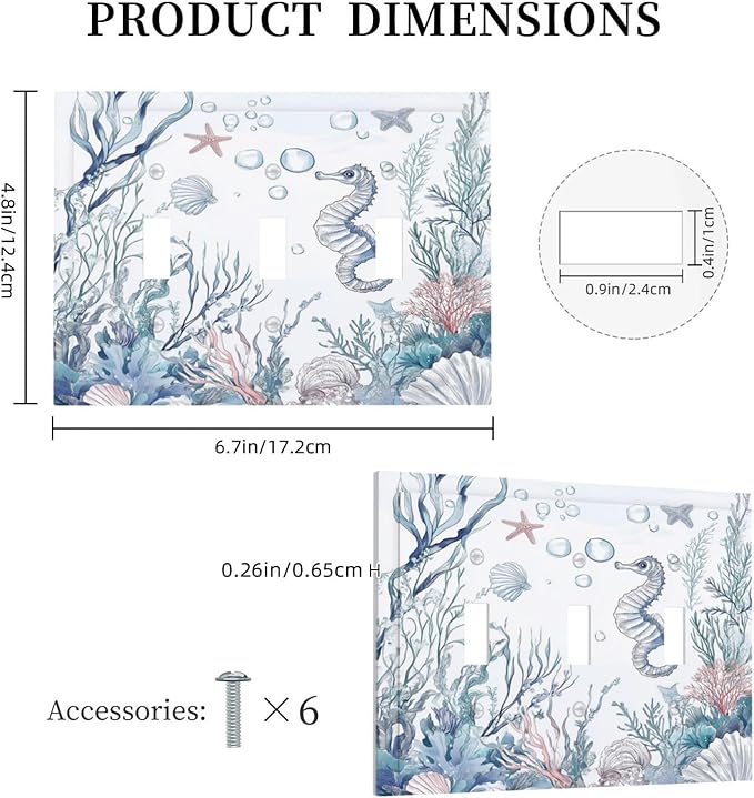 Decorative Switch Plates Ocean Coral Seahorse Seashell Starfish 3 Gang Wall Plate Triple Toggle Light Switch Cover Faceplate Electrical Wall Panels For Bathroom Home Decor