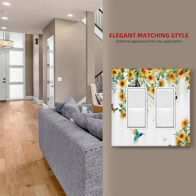 Yellow Sunflower Blue Hummingbird Butterfly Double Rocker/Decora Outlet Cover Rustic Farmhouse Floral Plant 2 Gang Light Switch Cover Decorative Gfci Wall Plate Electrical Switchplate for Home
