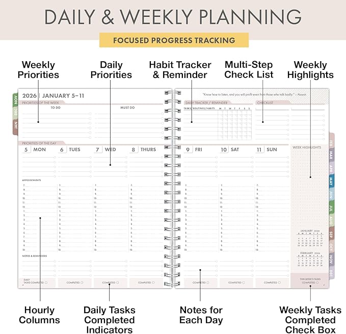 Essential PRO 2026 Daily, Weekly & Monthly Planner, 8.5"x11": 14 Months (Nov 2025 - Dec 2026) Monthly Tabs,Daily Tracking,Notes Pages,Storage Pocket,Bookmark w Sticky Notes (Watercolor Butterflies)
