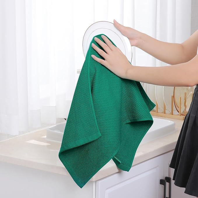 Homaxy 100% Cotton Waffle Weave Kitchen Dish Towels, Ultra Soft Absorbent Quick Drying Cleaning Towel, 13 x 28 Inches, 12-Pack, Dark Green