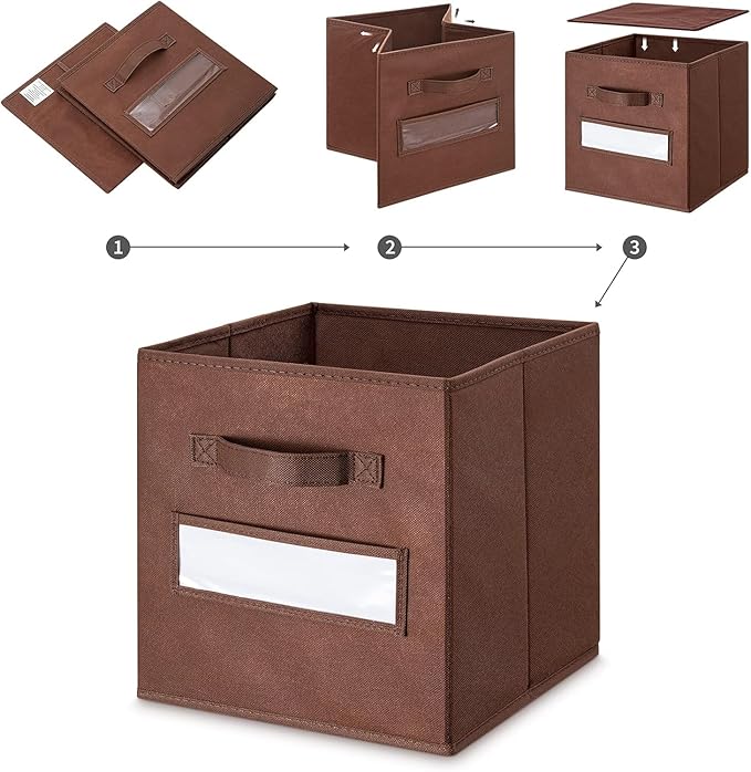 artsdi 13x13x13 Storage cube bins(Set of 8) Fabric storage cubes with 8 Labels Window Cards & a Pen, Storage cubes 13x13, Collapsible 13 inch Cube storage bins, Cubby Organizer Boxes, Brown