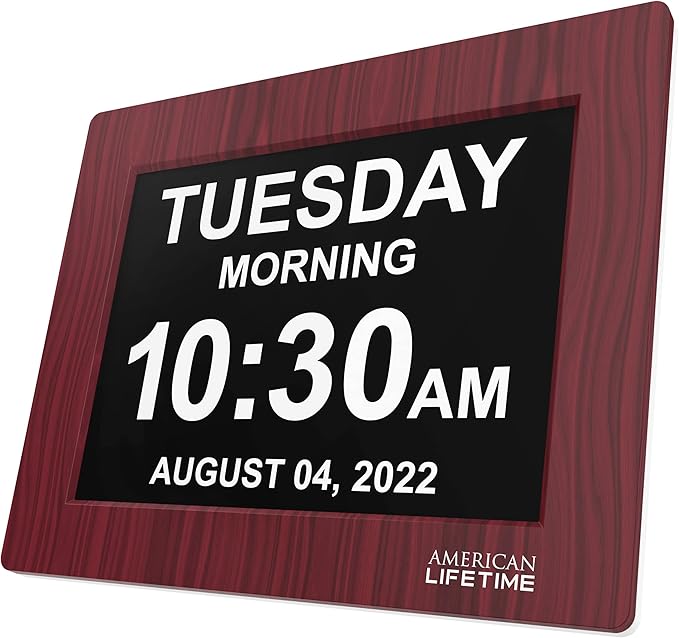 American Lifetime, New Version, Day Clock Extra Large Impaired Vision Digital Clock with Battery Backup and 5 Alarm Options, Premium Mahogany Color, 8 inch