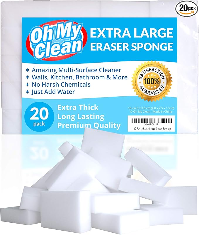 (20 Pack) Extra Large Eraser Sponge - Extra Thick, Long Lasting, Premium Melamine Sponges in Bulk - Multi Surface Power Scrubber Foam Cleaning Pads - Bathtub, Floor, Baseboard, Bathroom, Wall Cleaner