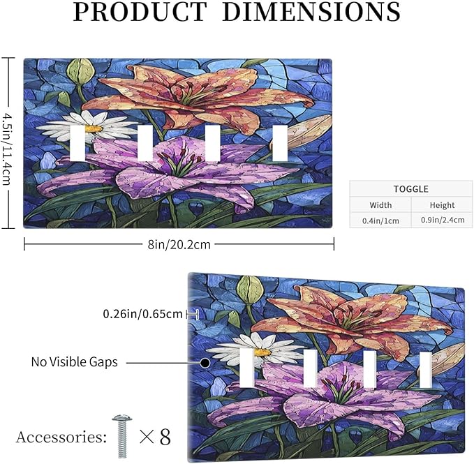 Light Switch Covers Vintage Colorful Flower Oil Painting Style Quad Toggle Electrical Faceplate 4 Gang Wall Plate Decorative Switch Plates for Bedroom Bathroom Decor