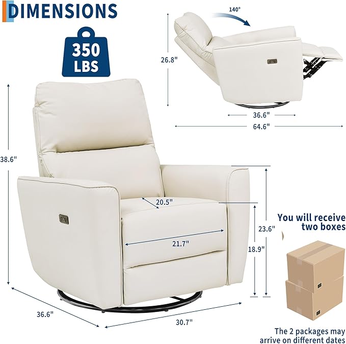 Power Recliner Chair Swivel Glider Faux Leather Upholstered Nursery Rocker Reclining Sofa Chair with Charging Port, Curved Armrests & Padded Backrest for Living Room and Bedroom(Power Beige)