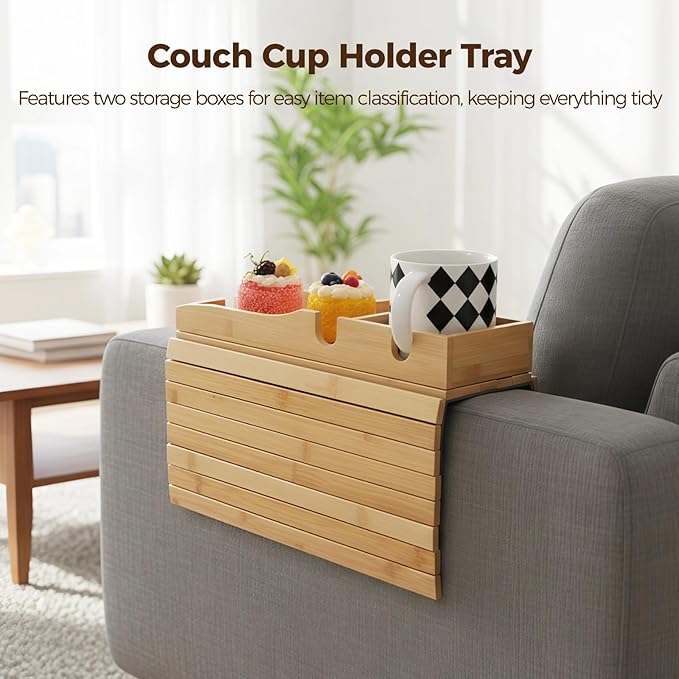 Bamboo Couch Arm Tray with Cup Holder, Foldable Wooden Couch Cup Holder Armrest Table, Non-Slip Sofa Arm Tray Caddy with Storage Sections for Drinks, Phones, Remotes and Snacks