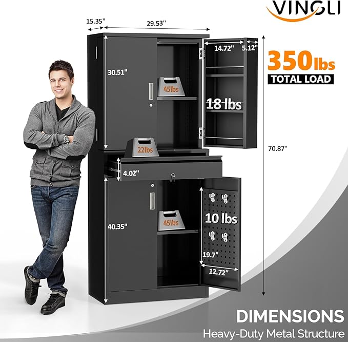 VINGLI 71'' Metal Kitchen Pantry Storage Cabinet with Drawer & 4 Doors, Cupboard with Adjustable Shelves for Kitchen Dining Living Room, Tall Freestanding Steel Locking Cabinet for Craft Room (Black)