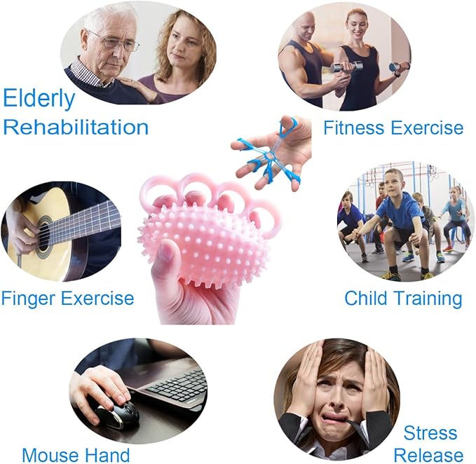 Hand Exerciser Ball and Finger Stretcher, Hand Grip Strengthener Trainer, Squeeze Balls, Wrist Pain Relief (Pink)