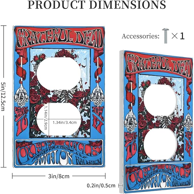 Outlet Covers Hippy Skull Red Rose Floral Decorative 1 Gang Duplex Light Switch Cover Plate Receptacle Wall Plate Electrical Switch Plate Covers for Bathroom Decor