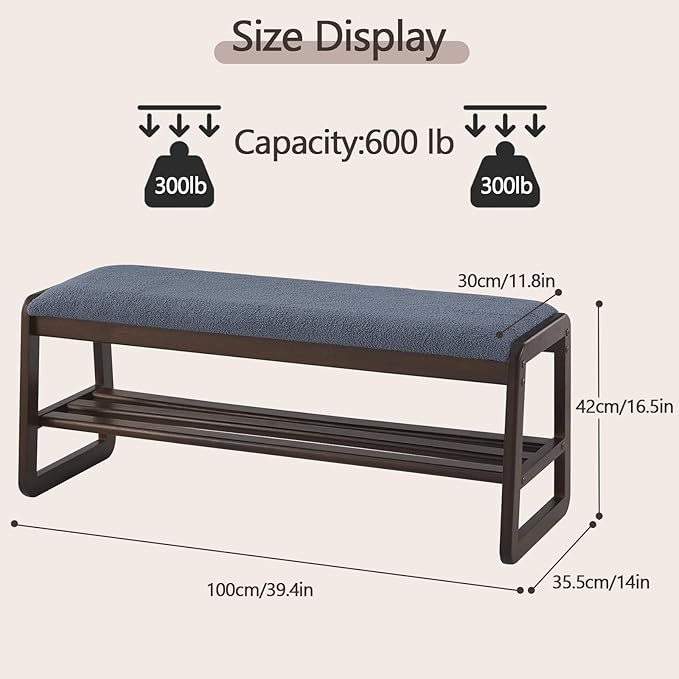 Shoe Rack Bench,2 Tier Wooden Entryway Bench with Shoe Storage, Shoe Rack with Cushion for Living Room, Hallway(Grayish Blue, 39.4")