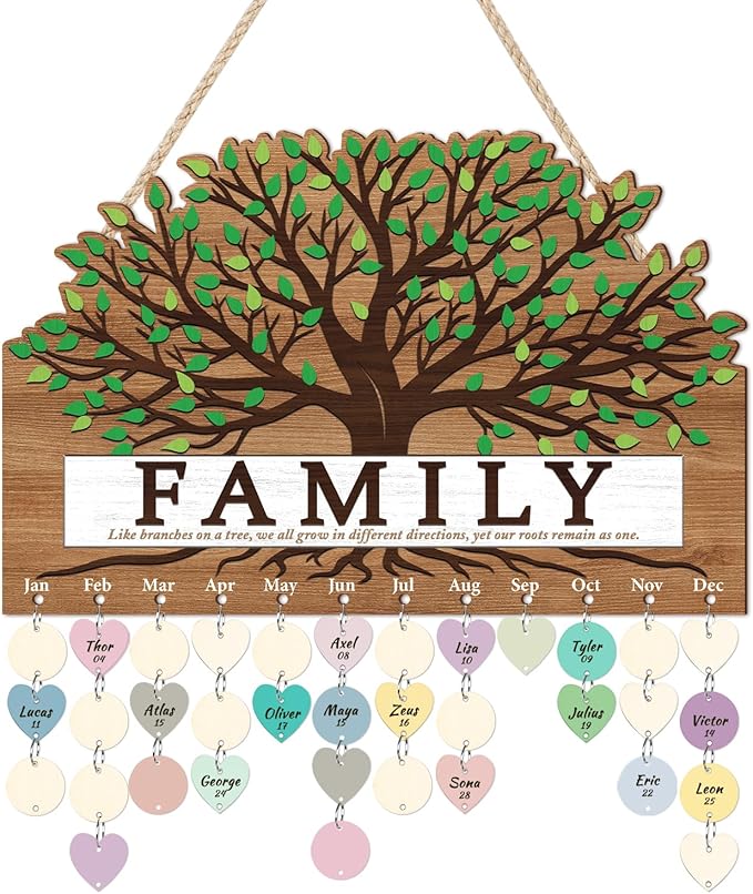KAlRNE Family Birthday Board,Vintage Wooden Reminder Calendar,Rustic Farmhouse Family Tree Wood Wall Art,DIY Birthday Tracker Wall Hanging Plaque,Mother's Day Gift for Mom Grandma