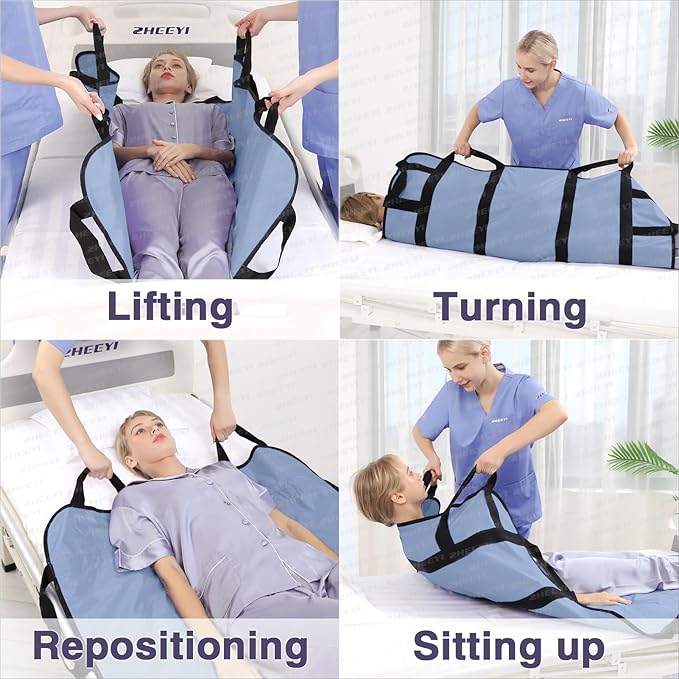 Multipurpose 48" x 40" Positioning Bed Pad with Reinforced Handles - Reusable & Washable Transfer Sheet for Turning, Lifting & Repositioning - Double-Sided Nylon Fabric, Blue Gray