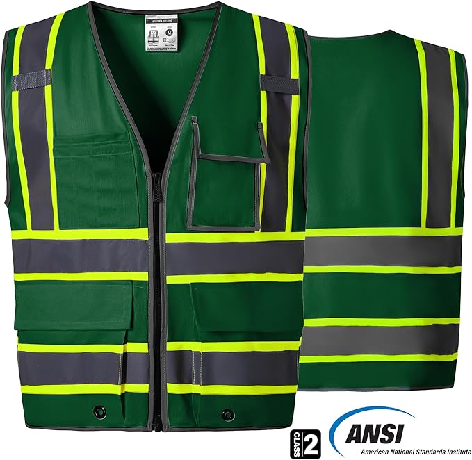 SKSAFETY 10 Pockets Safety Vest, Class 2 High Visibility Security with Zipper, Hi Vis Vest with Reflective Strips, ANSI/ISEA Standard, Construction Work Vest for Men ＆ Women （Green,L）
