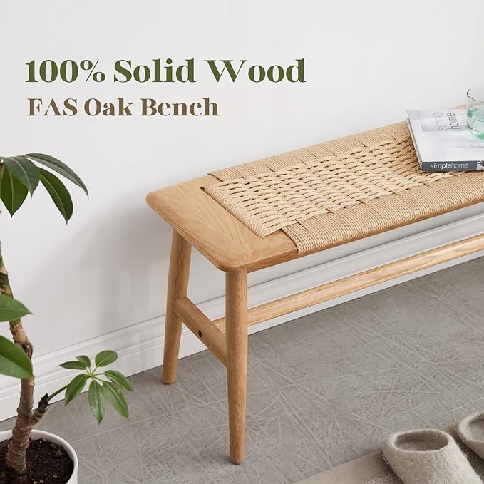 32" L 100% FAS Oak Wooden Bench Indoor - Solid Wood Rope Woven Entryway Bench, Dining Bench, Boho Furniture for Entryway, Dining Room, Bedroom, Kitchen (Natural)