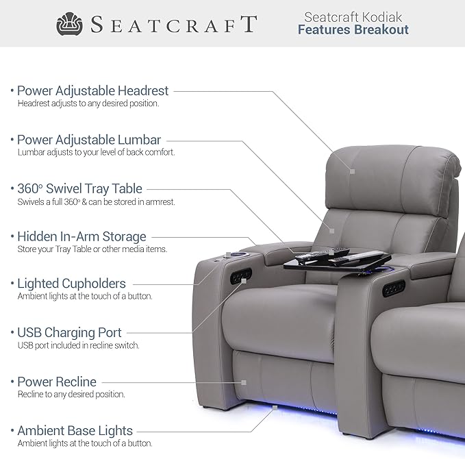 Seatcraft Kodiak Zero-Gravity CoolZero Italian Leather Home Theater Seating, Powered Headrest, Powered Lumbar, Powered Recline, Row of 3, Gray