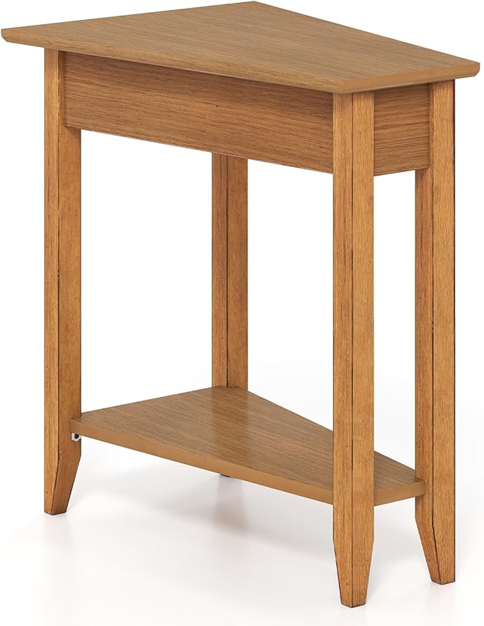 Giantex Wedge End Table, Triangle Side Table with Storage Shelf and Solid Wood Legs, 24.5" Tall Nightstand, Modern Narrow Accent Recliner Table for Small Space Living Room, Walnut