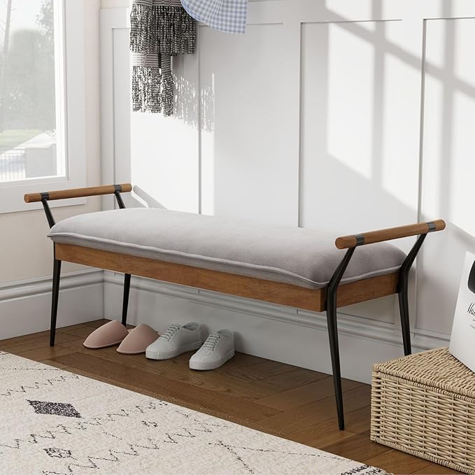 LukeAlon Modern Chenille Entryway Bench, Upholstered End of Bed Bench with Arms Classic Bedroom Ottoman Bench with Metal Legs Elegant Footstool for Entrance Living Room, Grey