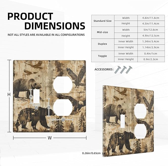 Wallplates Vintage Cabin Wildlife Animal Bear Eagle Forest 1 Toggle 1 Duplex Switch Plate Electrical GFCI Faceplate Decorative Light Switch Covers for Farmhouse Bedroom Decor