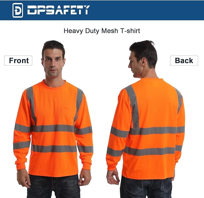 High Visibility Class 3 T Shirts，Hi Vis Safety Shirts with Reflective Strips and Pocket, Long Sleeve Quick Dry Mesh Construction Work Shirt for Men/Women Orange,5XL