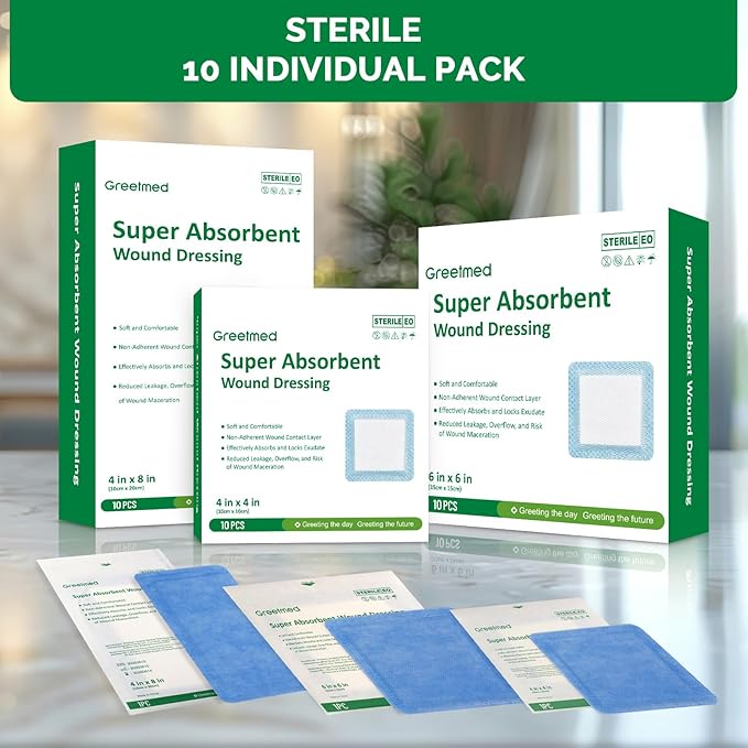 Super Absorbent Wound Dressing Pads Size 6"x 6" 10 Individual Pack Soft Highly Absorbent Dressing Non Stick Gauze Pads for Heavily Exuding Wound Care Reduce Leakage and Skin Maceration