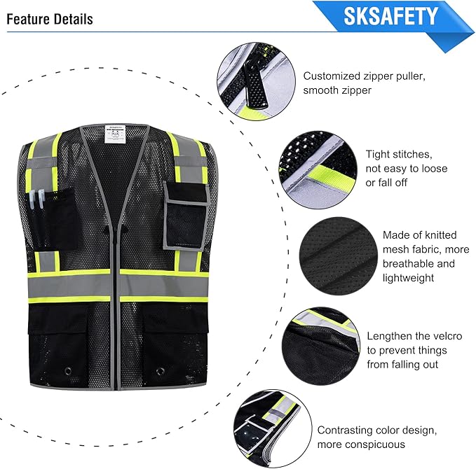 SKSAFETY 10 Pockets Safety Vest, Class 2 High Visibility Security with Zipper Double-sided mesh, Hi Vis Vest with Reflective Strips, ANSI/ISEA Standard, Construction Work Vest （Black, 2XL）