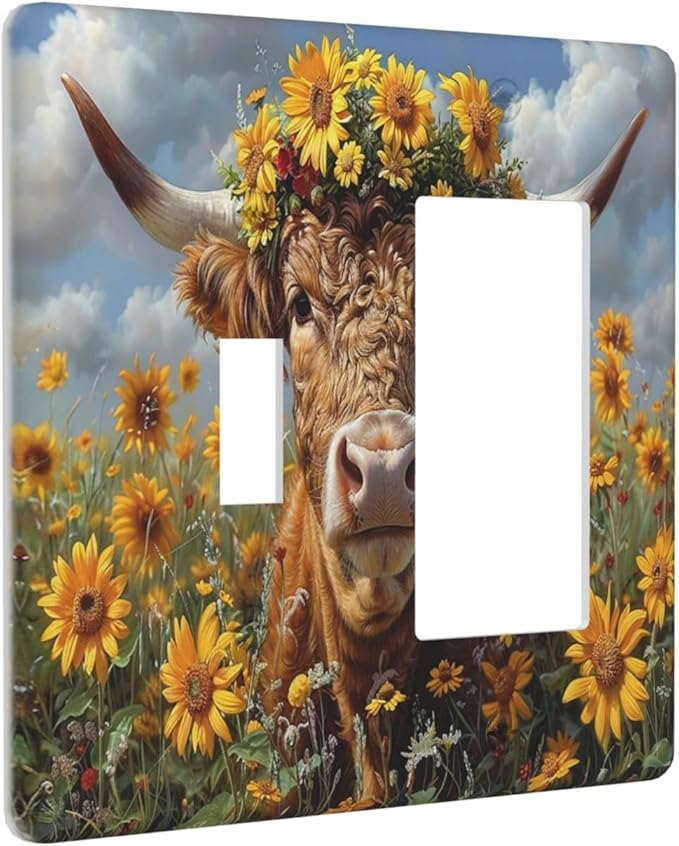 Outlet Covers Vintage Sunflower Highland Cow Rustic Art 1 Toggle 1 Rocker Combination Decorative Wall Plate Electrical Switch Plates Light Switch Cover Plate for Bedroom Farmhouse Decor
