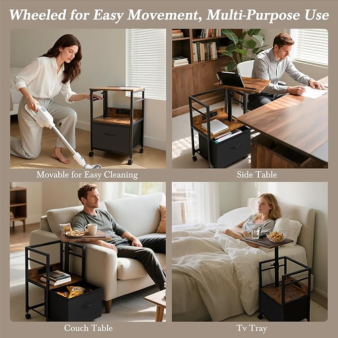 Swivel Lift Top Nightstand with Charging Station, 2-Tier 360° Adjustable Bedside Table, Rolling Night Stand with Wheels, Small End Table with Fabric Drawer, for Bedroom, Living Room, Rustic Black