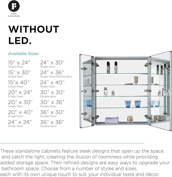 Fine Fixtures Bathroom Medicine Cabinet, Aluminum, Recessed/Surface Mount, 30" x 36", Right/Left Hinged, Mirrored Interior