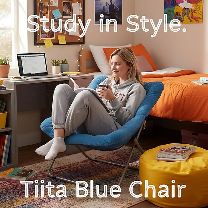 Tiita Comfy Saucer Chair, Soft Faux Fur Oversized Folding Accent Chair, Lounge Lazy Chair for Kids Teens Adults, Metal Frame Moon Chair for Bedroom, Living Room, Dorm Rooms, X-Large, Blue
