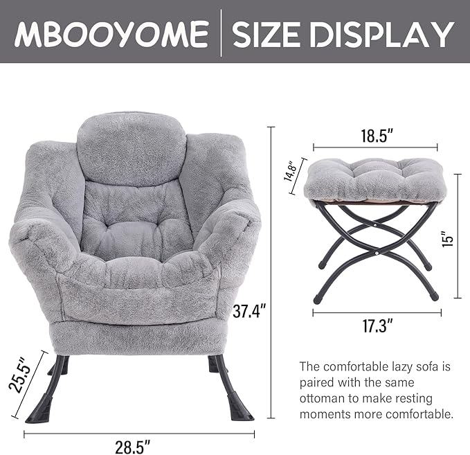 Lazy Chair with Folding Ottoman, Modern Accent Lounge Armchair with Armrests and a Side Pocket & Foldable Footstool, Leisure Reading Chair for Living Room, Bedroom, Dorm & Office, Plush Grey