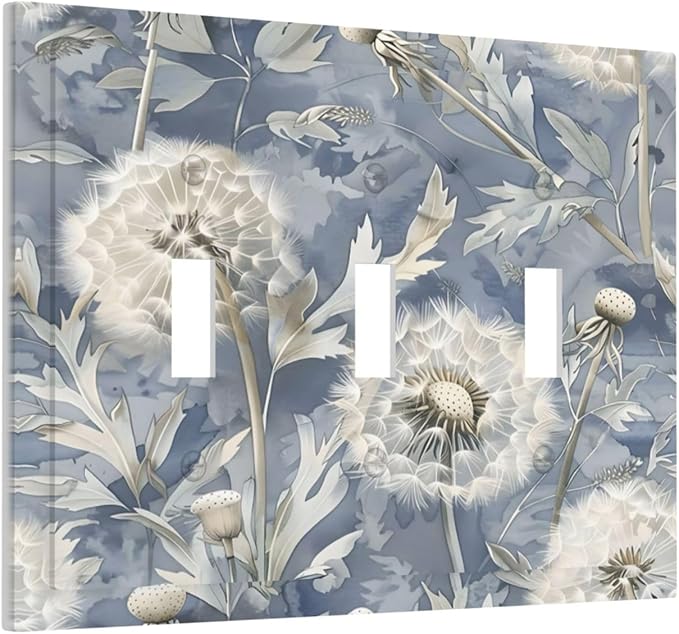 Blue Dandelion Vintage Floral Boho Flower Decorative Switch Plates 3 Gang Wall Plate Triple Toggle Light Switch Cover Faceplate Electrical Wall Panels for Bedroom Living Room Home Decor