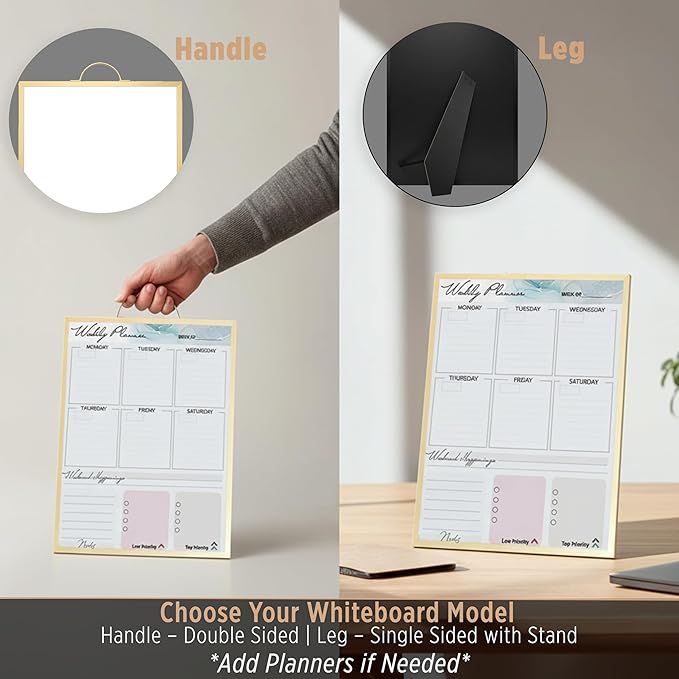 Small Whiteboard 12 x 16 Inch Magnetic Dry Erase Board with Handle | Gold Aluminum Frame | Double-Sided Portable Desktop Board | 2 Markers, Eraser & 2 Magnets