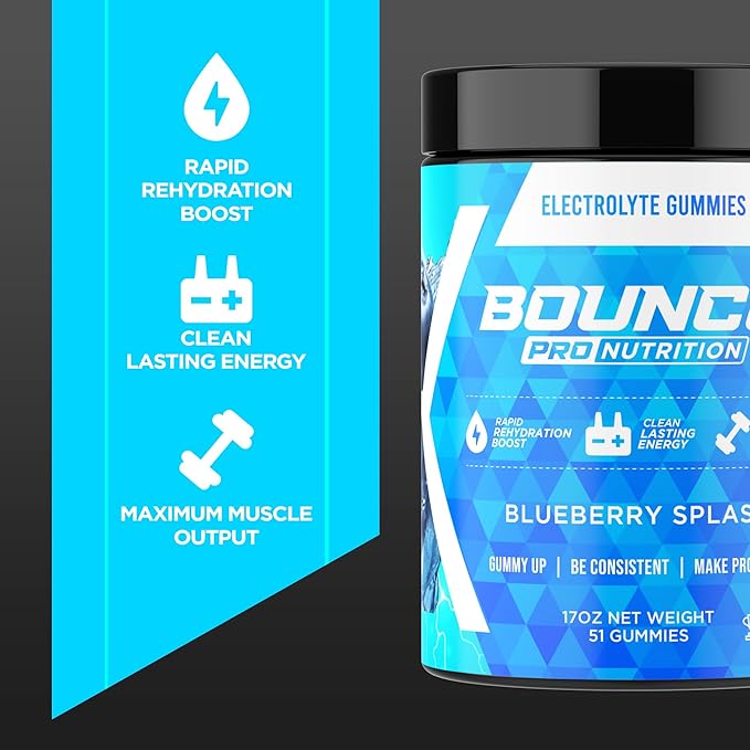 Bounce Pro Hydration Electrolyte Gummies – 51 Vegan Chewable Gummies with Sodium, Potassium & Magnesium for Running, Workouts & Endurance – No Sugar, Caffeine Free Electrolyte Chews, Blueberry Splash