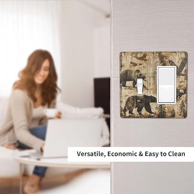 Outlet Covers Vintage Cabin Wildlife Animal Bear Eagle Forest 1 Toggle 1 Rocker Combination Decorative Wall Plate Electrical Switch Plates Light Switch Cover Plate for Farmhouse Bedroom Decor