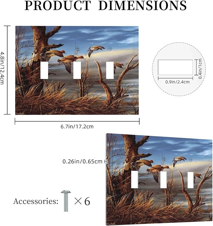 Hunting Flying Wild Ducks Triple Toggle Light Switch Cover Plate Decorative 3 Gang Wall Plate Cover Fall Lakeside Reed Wildlife Animal Mallard 3 Hole Device Electrical Switchplate for Bathroom