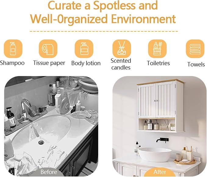 Over The Toilet Bathroom Wall Cabinet with 2 Doors & Open Shelf – Space Saving Medicine Cabinet, Wooden Wall Mounted Storage Cupboard for Bathroom Organization White