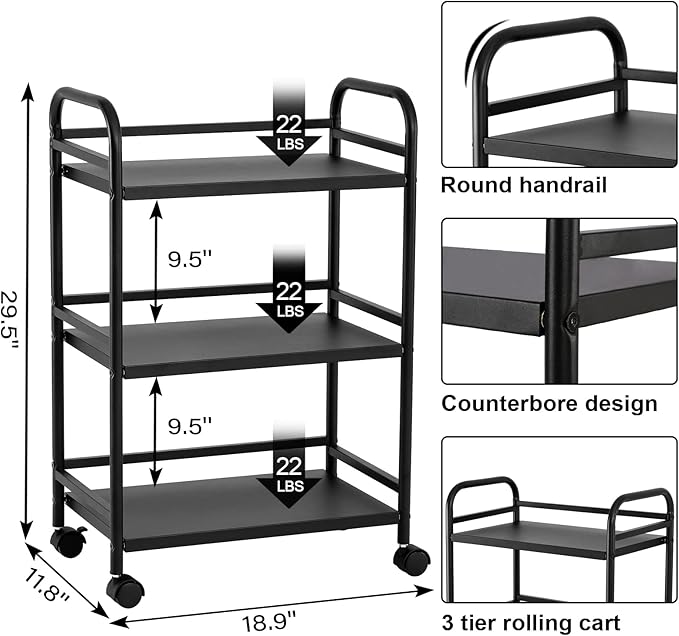 DCLRN 3 Tier Rolling Cart,Storage Organizer Cart,Multifunctional Storage Shelves,Rolling Metal Organization Cart with Handle and Lockable Wheels,for Home,Office,Kitchen,Bathroom(Black)