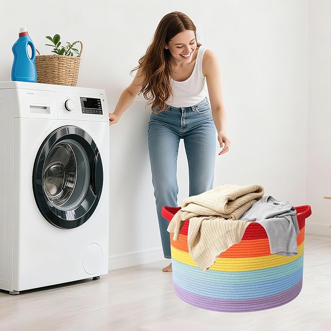 Large Storage Basket with Handle,23.6" x 23.6" x 15.7" Blanket Basket Storage Bins for Organizing,65L Cotton Rope Woven Baskets for Living Room, Nursery ,Bedroom,Rainbow