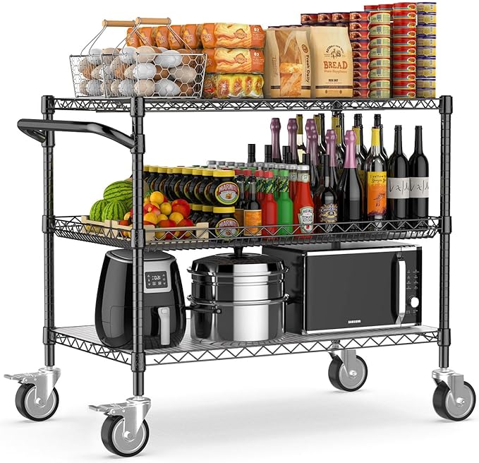 Leteuke 1120LBS Heavy Duty Rolling Utility Cart,3 Tier Rolling Carts with Wheels,NSF Commercial Grade with Handle Bar & Shelf Liners,45"x25"x39" Storage Cart for Kitchen,Restaurant,Plant Display,Black