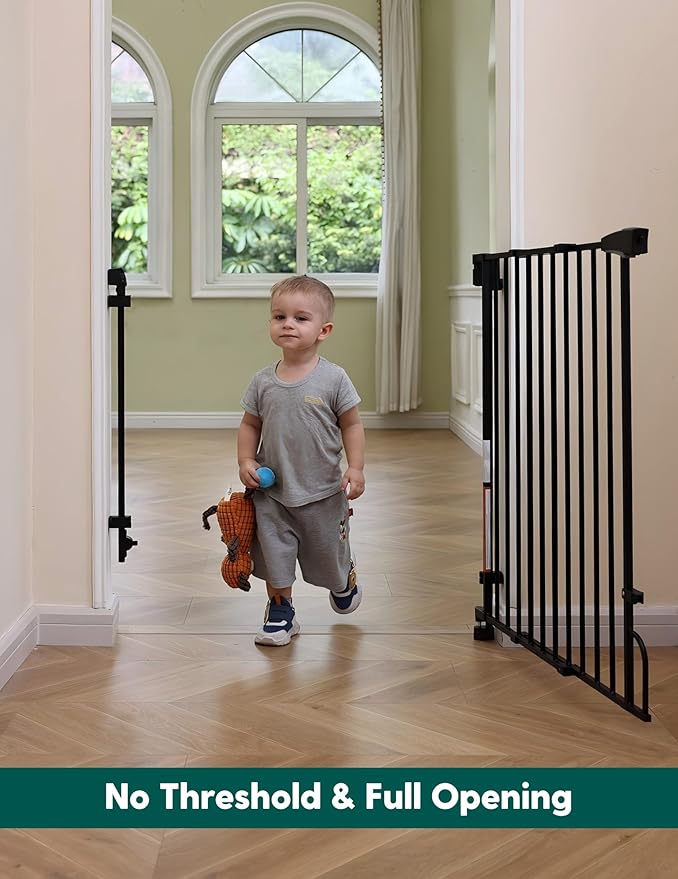 Babelio Easy to Remove & No Bottom Bar Baby Gate, 35.5-55" Extra Wide Hardware Mounted (Drill Needed)| Wide Walk-Thru| Auto-Close Safety Dog/Pet Gate for Stairs & Doorways (Black, 35.5-55" W, 30" H)