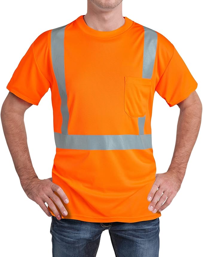 High Visibility Shirts Quick Dry Safety T Shirts with Reflective Strips and Pocket Short Sleeve Mesh Hi Vis Construction Work Class 2 Shirt for Men/Women Orange,4XL